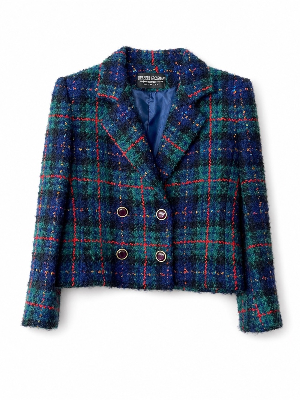 Vintage 80s Wool Plaid Cropped Blazer ILGWU USA Preppy Academia Size 10